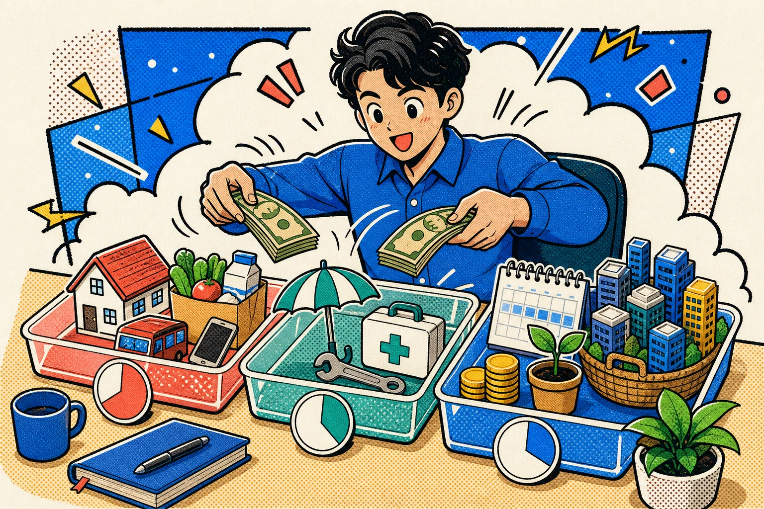 給与を毎月使うお金、もしもの現金、長期投資の3つに分ける若手社員のレトロ漫画