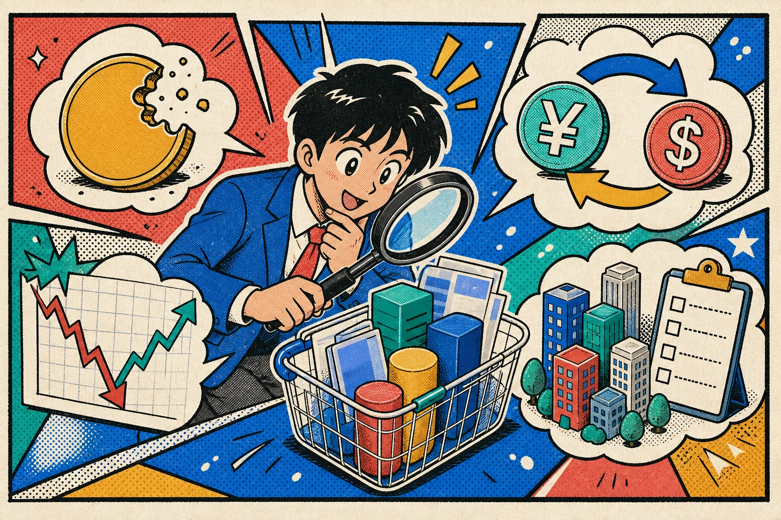 投資商品を虫眼鏡で調べ、費用、為替、値動き、分散を確認するレトロ漫画