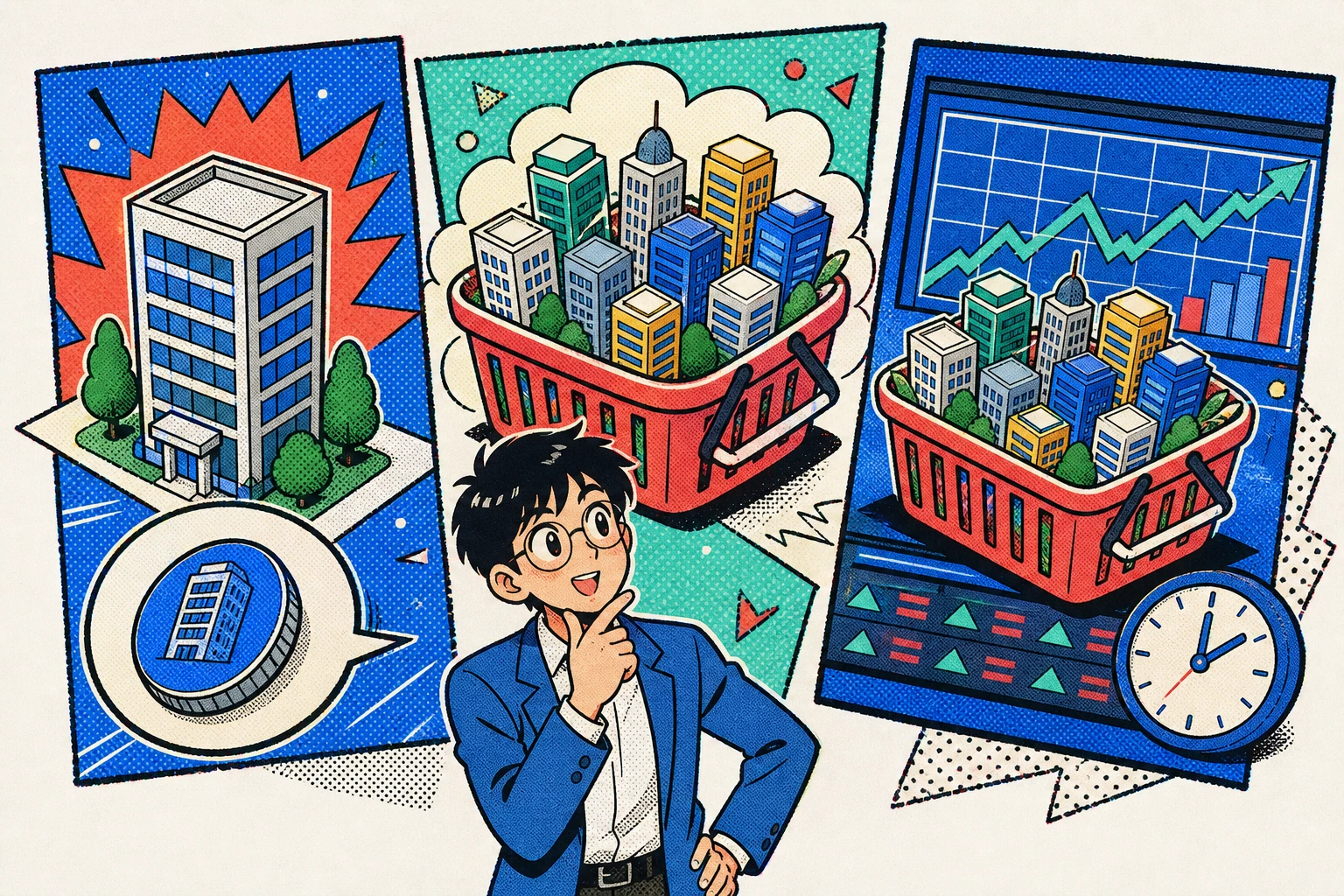 1社の株、複数企業をまとめた投資信託、市場で売買するETFをレトロ漫画で比較したイラスト