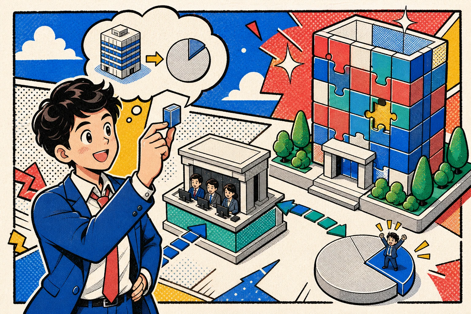 会社を構成する多数の持分のうち一つを株主が持つことを表したレトロ漫画